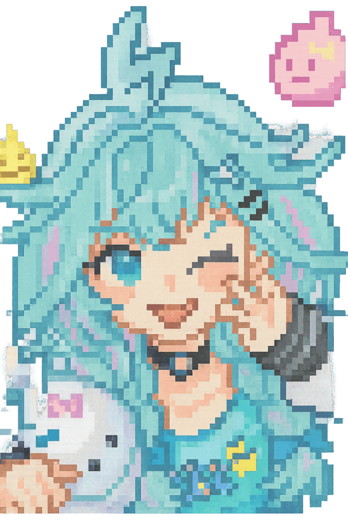 水宮枢のビジュアル。
髪の色は水色。
ウインクをしている。
ドット絵で描かれている。