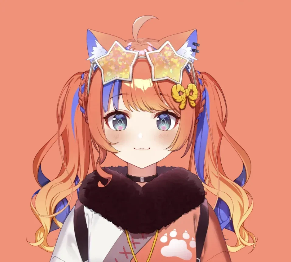 猫屋敷美紅のビジュアル。オレンジと青のメッシュでツインテールにしている。星形のサングラスをしている。