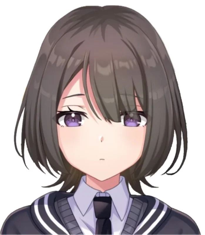 夜牛詩乃の前世「詩乃」のビジュアル。ミディアムヘアに紫色の目。目の形は少し眠たげな感じ。