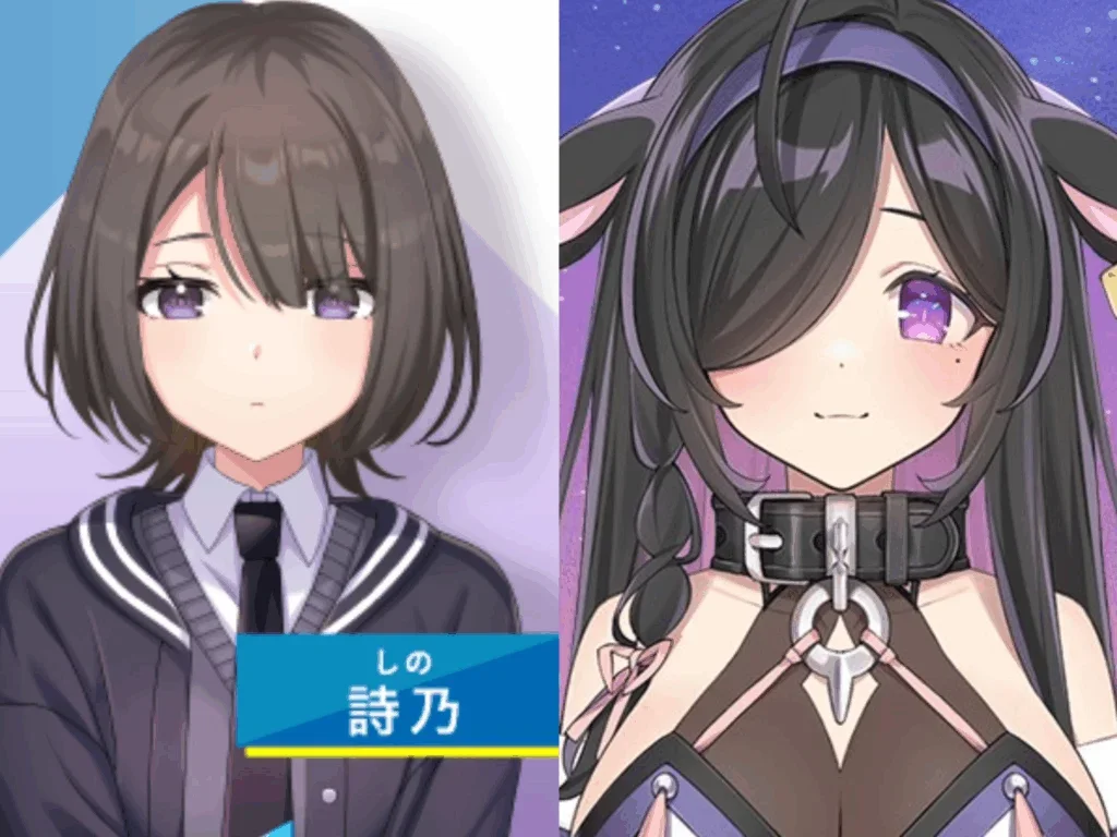 夜牛詩乃と前世の詩乃のビジュアル比較。輪郭や目の色が同じ。